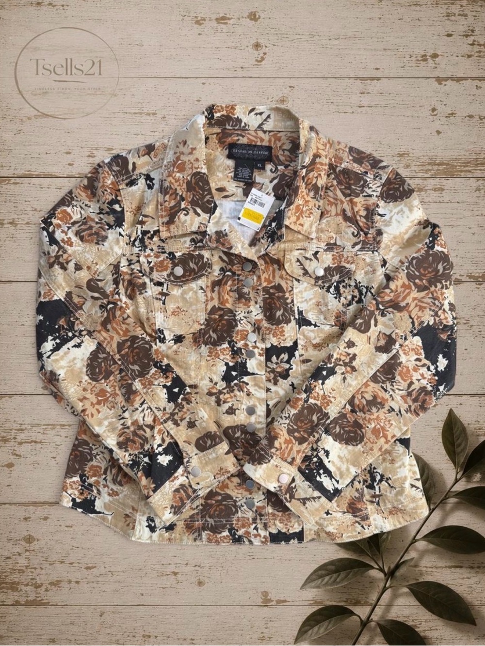 NWT Live a Little Earthy Floral Grunge Denim Jacket - Size XL